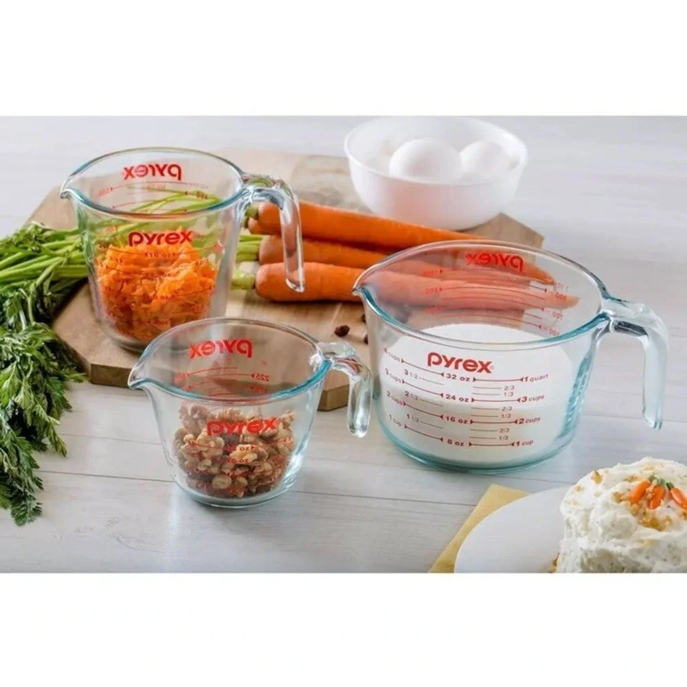 Pyrex 3 Piece Glass Measuring Cup Set,‎ Wet/Dry, Measure In Ounce, Cups, ML. NEW